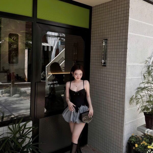 Black Corset Top with Gingham Bubble Skirt – Urban Chic Streetwear Set